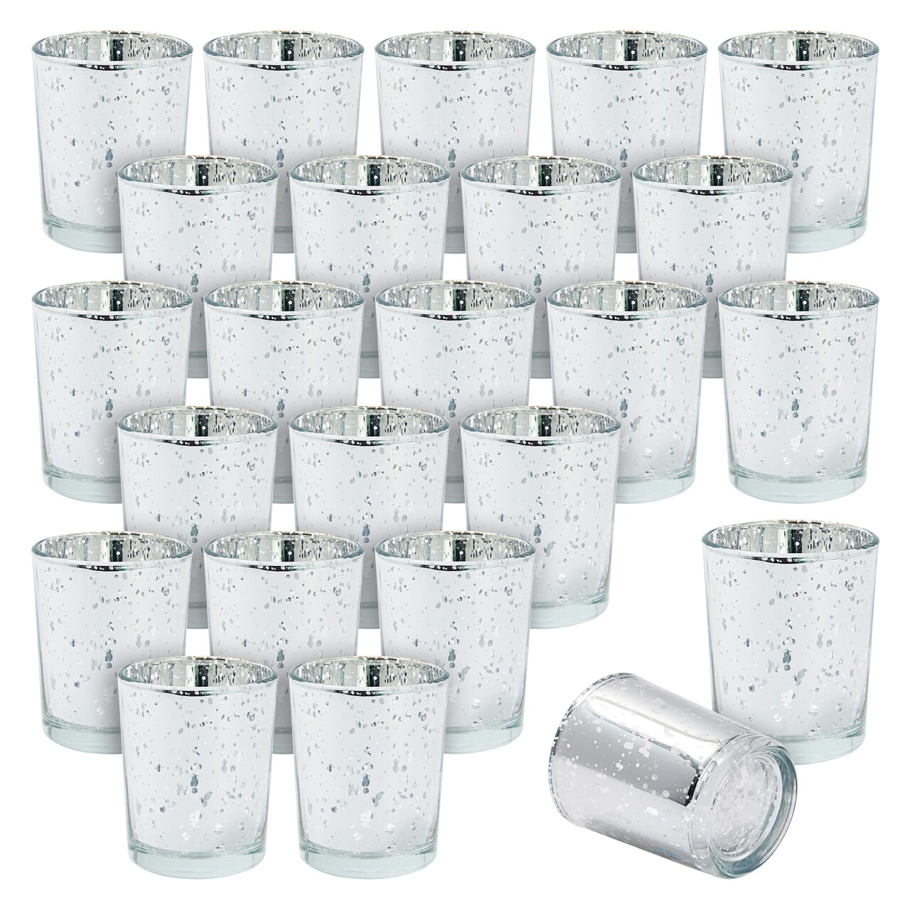24-Pack Mercury Glass Speckled Candle Holders for 2-Inch Votive Candles, 2.6-Inch Tall Silvered Glass Candleholders for Short Round Wax and Tealight Candles (Silver)